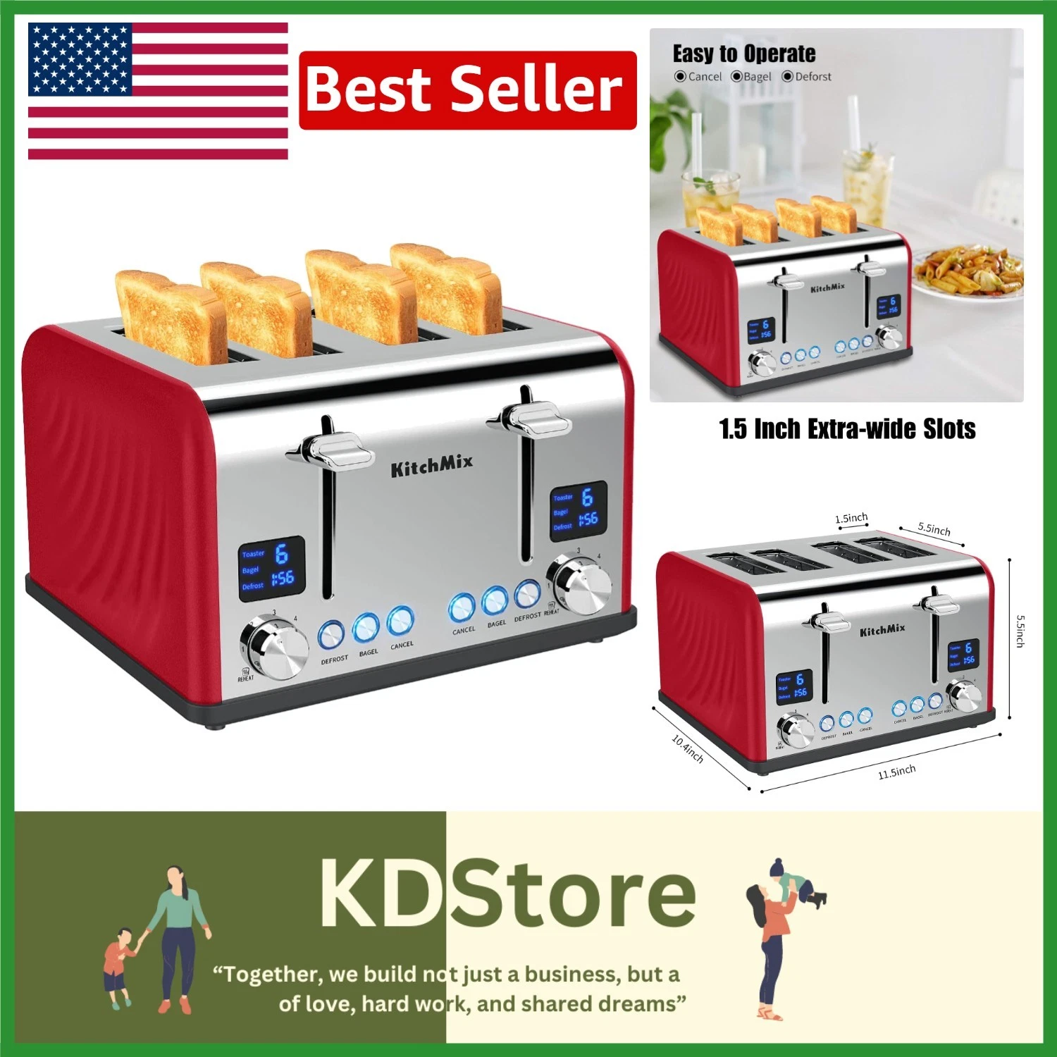 Red 4-Slice Stainless Steel Toaster with Dual Control & LCD Timer