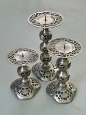 Pewter Ornate Candle Holders 9⅜" H 8" H 5¾" H Set of 3 Art Nouveau