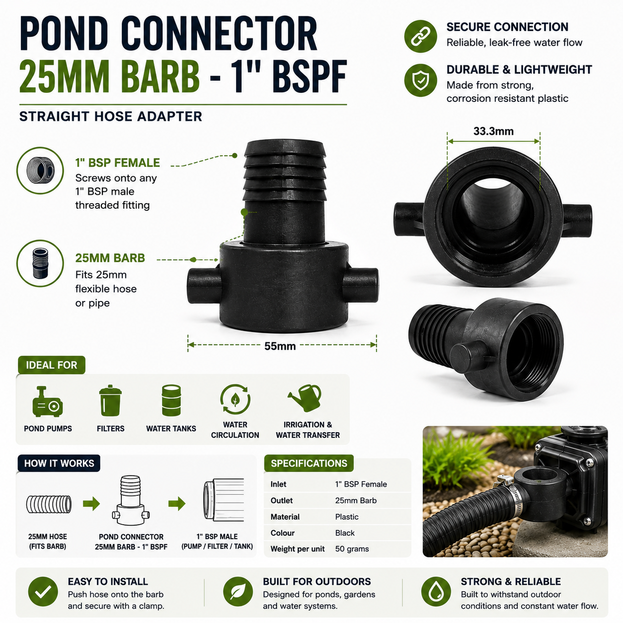 Pond Connector 25mm Barb 1"" BSP Female Straight Hose Adapter Pump Filter Tank
