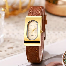 Women's Rectangular Quartz Watch with Brown PU Leather Strap - Golden-Tone Case