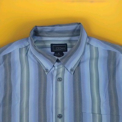 Cezani Men's Medium Button-Down Collar Short Sleeve Casual Shirt Blue Striped