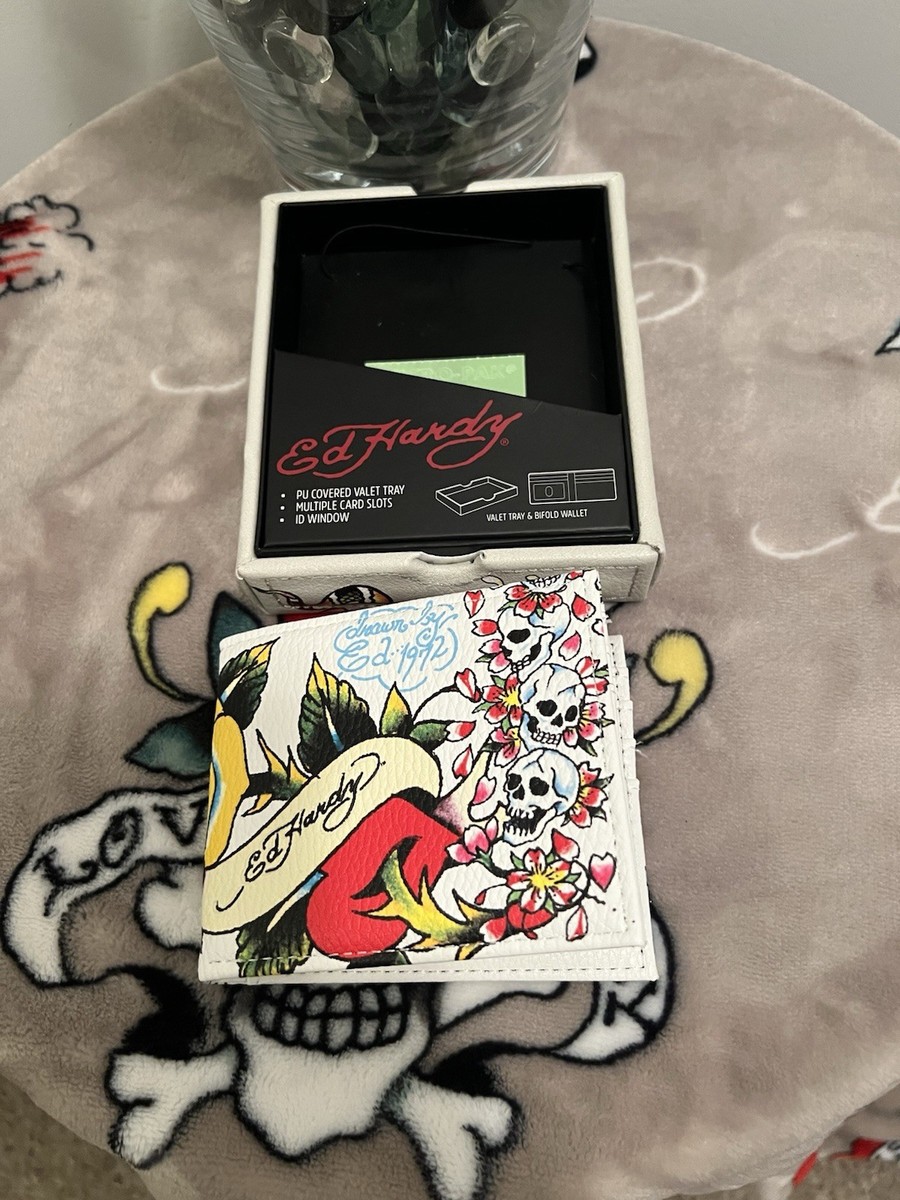 NWT Ed Hardy Men's Wallet - Valet Tray Box - Rose Piercing Heart