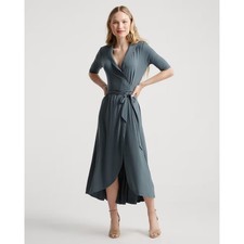 Quince Tencel Jersey Wrap Midi Dress Dark Teal Slate Grey Elbow Sleeve Medium