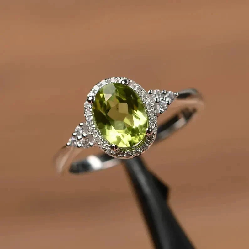 2.95 Ct Oval Cut Natural Peridot Diamond Engagement Ring 14K Real White Gold Sol - Image 2 of 4