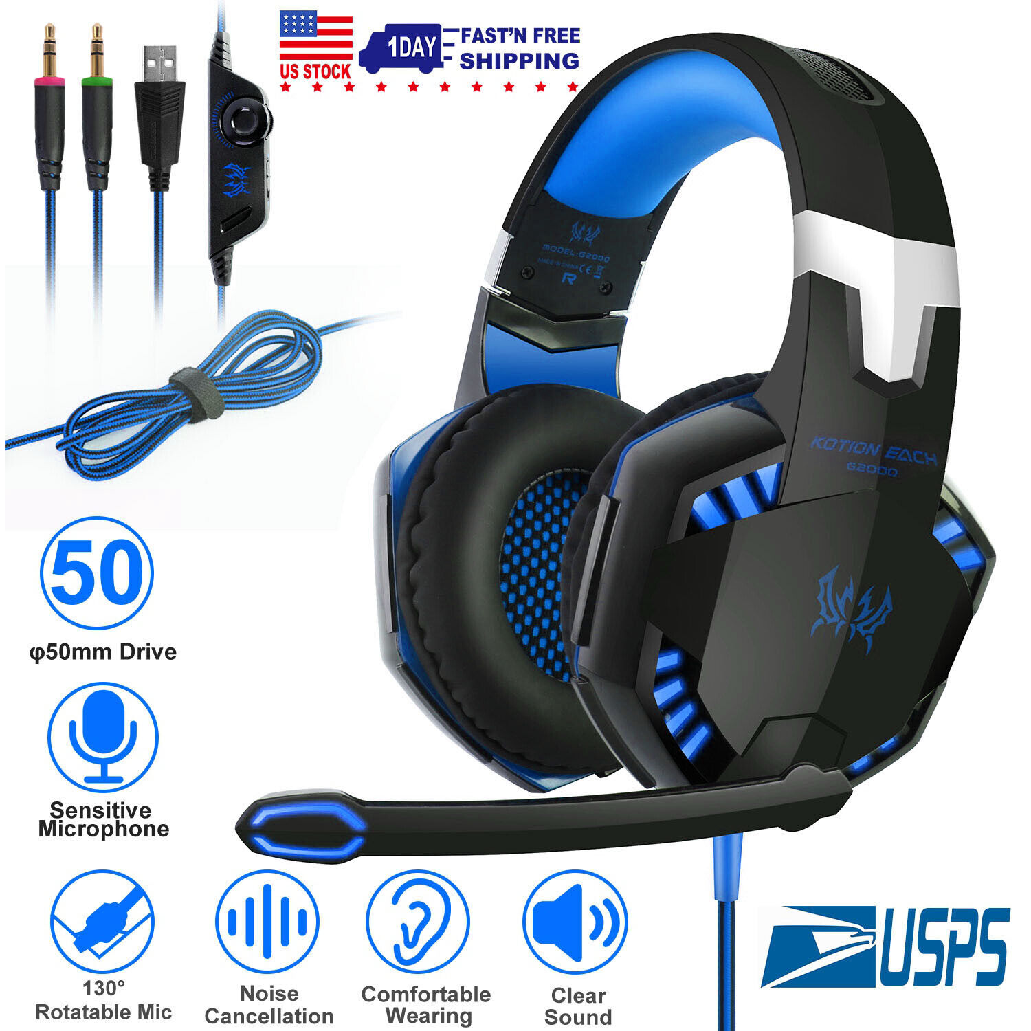 EACH 3.5mm Gaming Headset MIC LED Bass Headphones Stereo for Laptop PS4 Xbox one