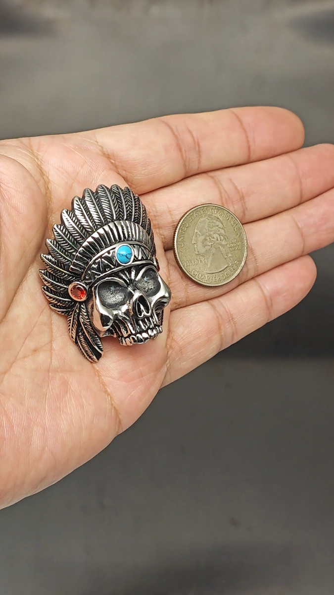 Men Native American Indian Chief Skull Biker Necklace Pendant