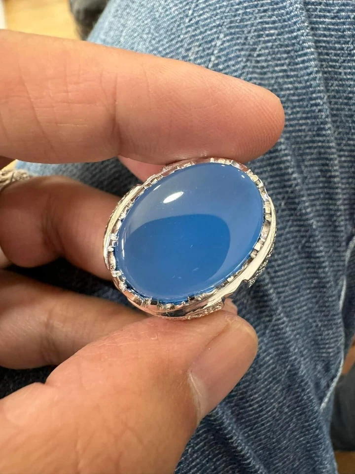 Natural Blue Chalcedony Gemstone Solid 18k White Gold Ring For Men SR3675 - Image 3 of 4