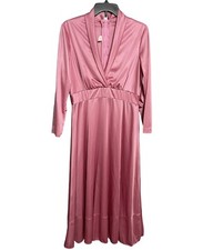 Vintage ILGWU Union Made Pink Long Sleeves Maxi Dress Faux Wrap Made In USA M