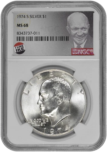 1974 S $1 Silver Eisenhower Dollar NGC MS 68 with Exclusive Label and New Holder