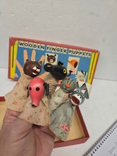 Vintage Tofa Wooden Headed Finger Puppet w/Original Box Horse Bear Cat Donkey+
