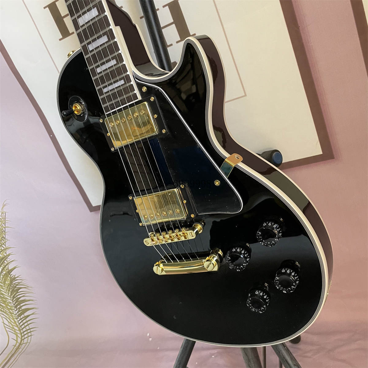 Gloss Black Color Electric Guitar 6 String Solid Body Gold