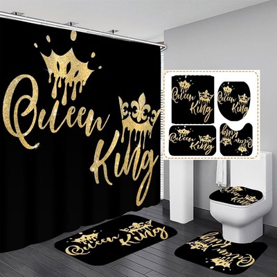 AZHM Queen and King Shower Curtain Set for Bathroom 4 Pcs Black Gold 