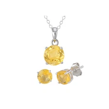 Citrine Gemstone Pendant Sterling Silver Necklace and Earrings Set Yellow