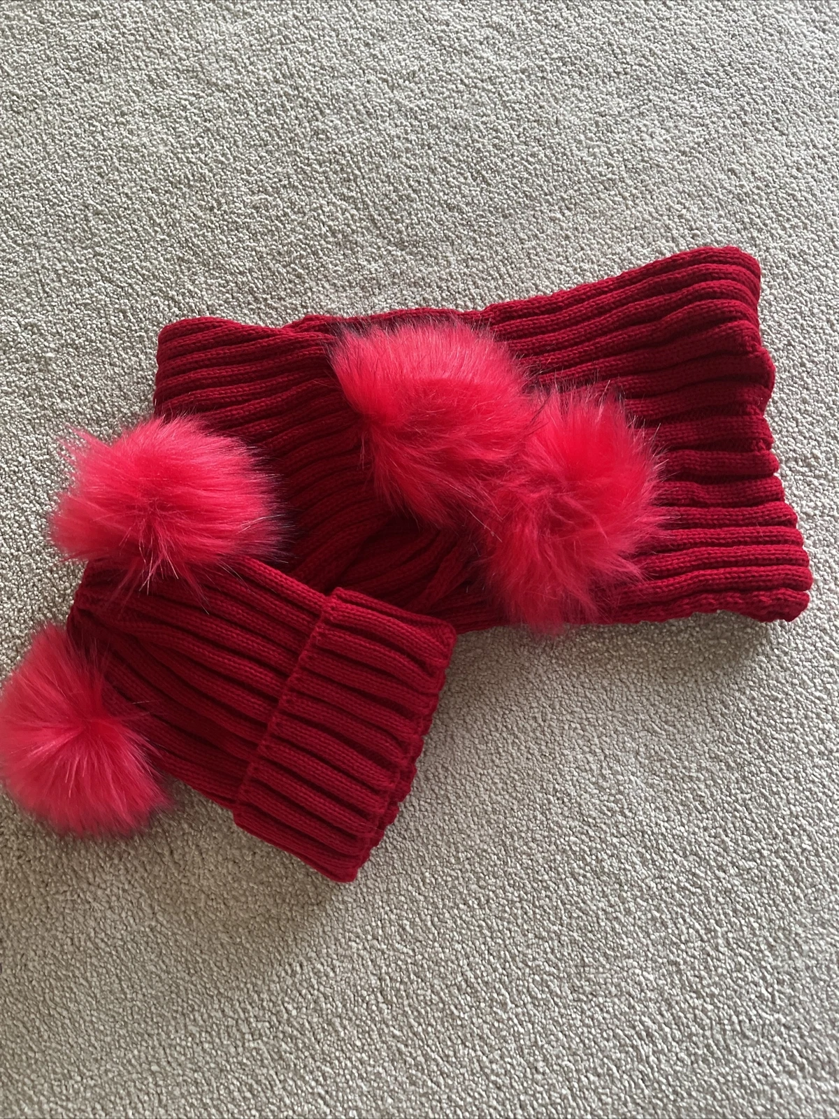 Kids Red Double Soft Pom Pom Hat And Scarf Fur