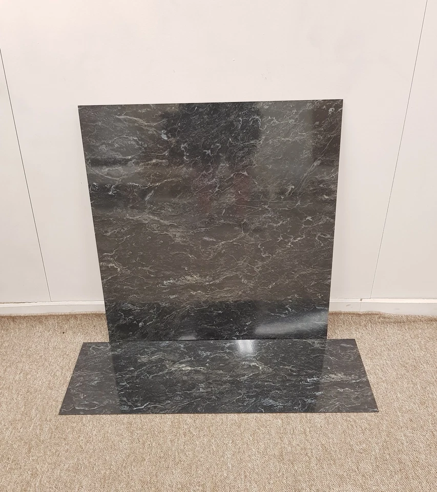 Black White Marble Effect Laminate Gas Electric Fireplace Back Panel and Hearth - Image 2 of 4