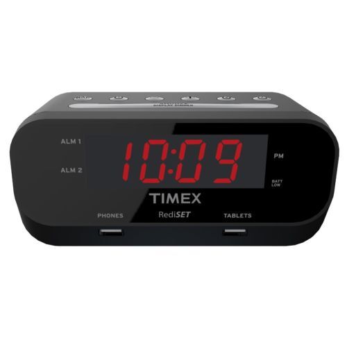 Timex T129 Alarm Clock w/ 24 Hour Set & Forget Alarm Red Display 2USB Ports T129