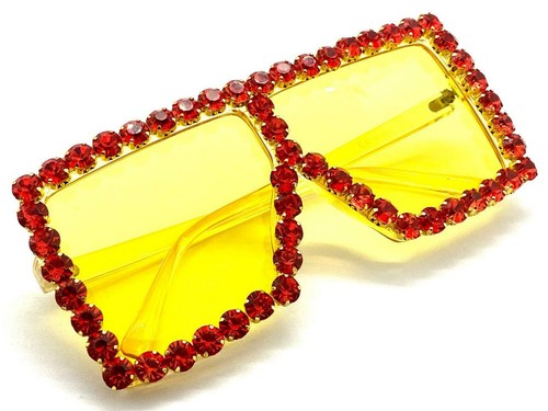 Oversized Retro Shield SUN GLASSES Yellow Frame Lens Large Rhinestones Handmade! - Picture 7 of 8