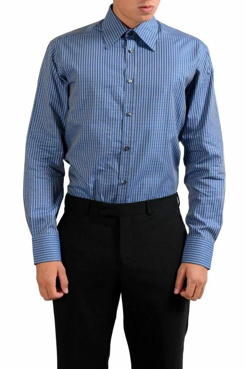 slim fit dress slacks Versace White & Blue Floral Striped Dress Shirt – Morovati Uomo