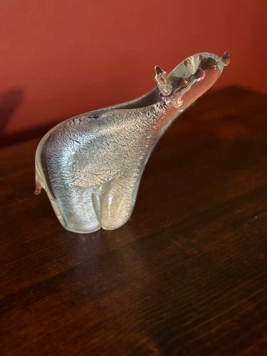 Vintage Murano Style Blown Glass Hippo Figurine – Clear Crackle Ice Glass Art Sc