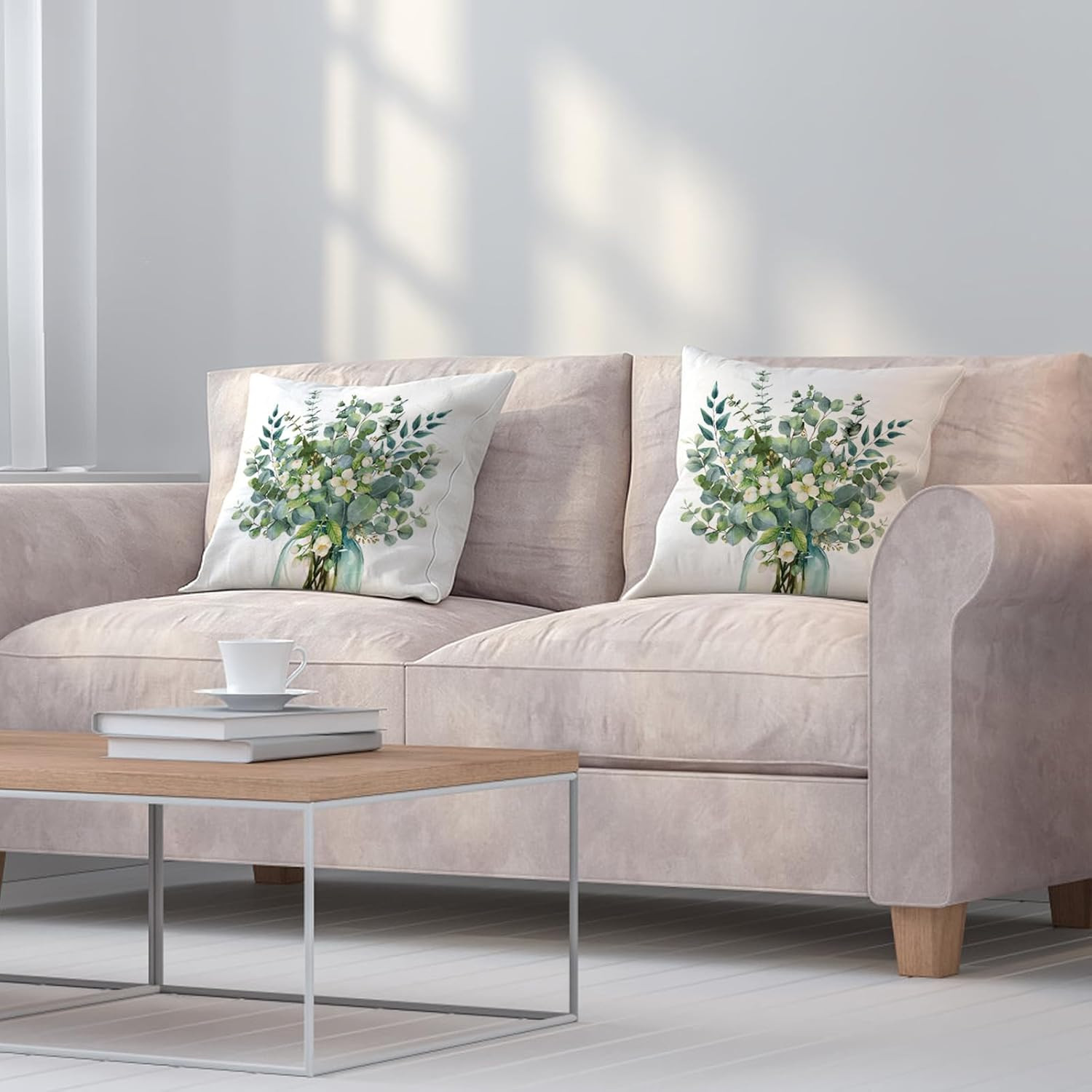 Eucalyptus Leaves Pillow Covers 18x18 Set of 2 Spring Sage Green Leaf Throw Pill