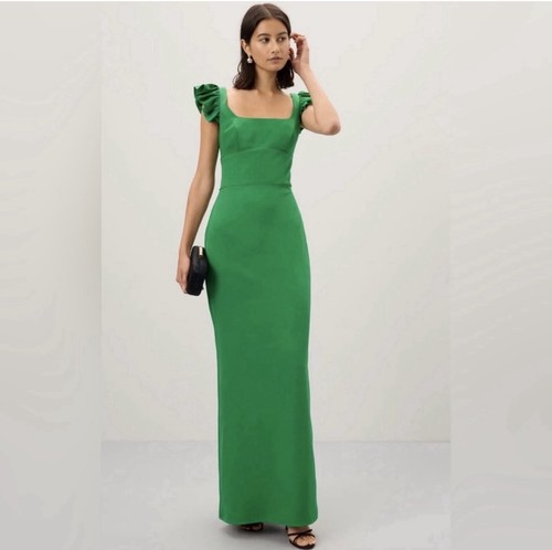 Ieena for Mac Duggal Green Crepe Maxi Dress 4 Ruffle Open Back Zip 27109
