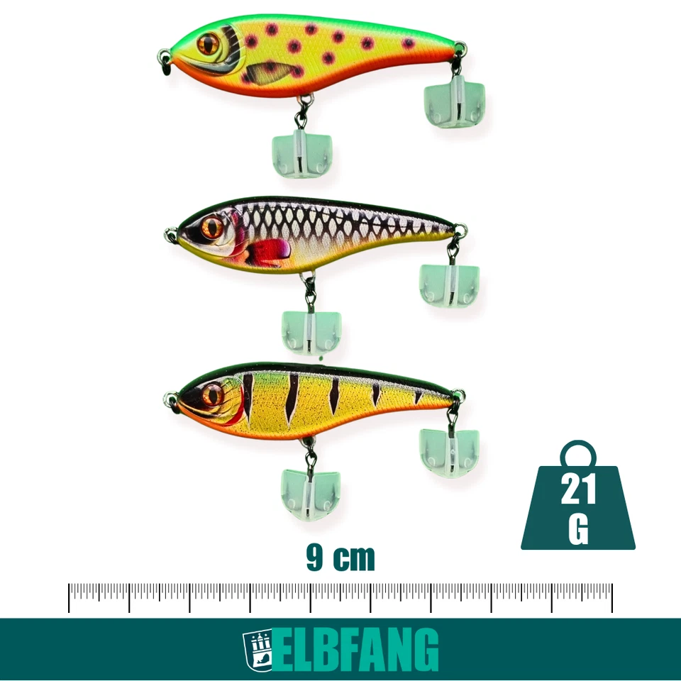 Jerkbait Köder Set 3-teilig 90mm 21g Sinking mit Hakenschoner für Hecht & Barsch - Bild 2 von 2