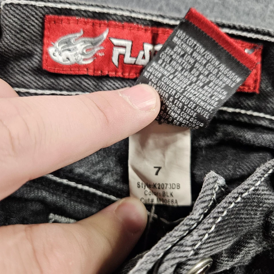 Pantalones Cortos Vintage Flamehead JNCO Niños Talla 7 Negro Denim Gamer Bordado Logo Y2K Foto 4 de 4