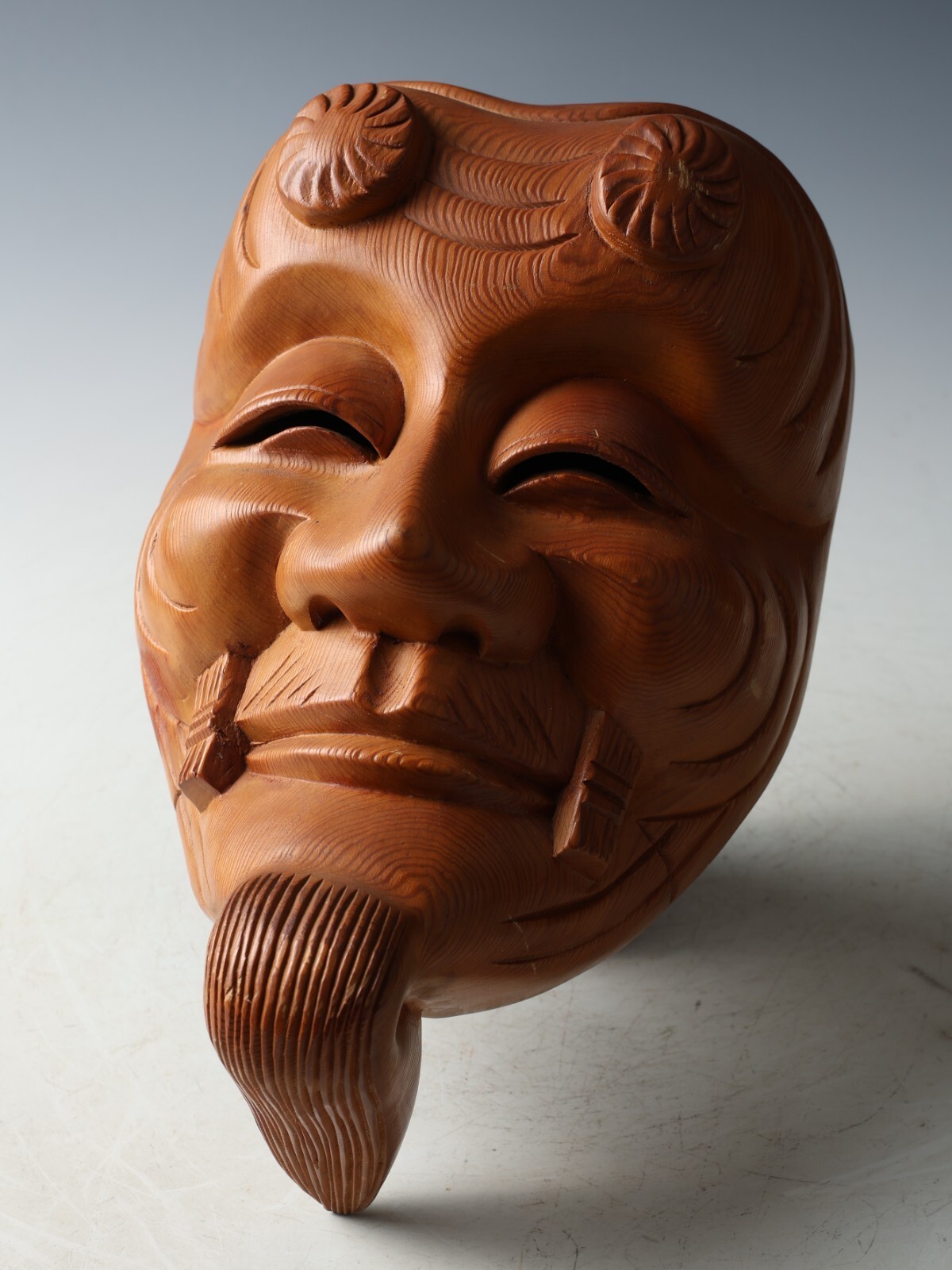 Máscara Okina Noh japonesa vintage de madera Hinoki arte de teatro tradicional
