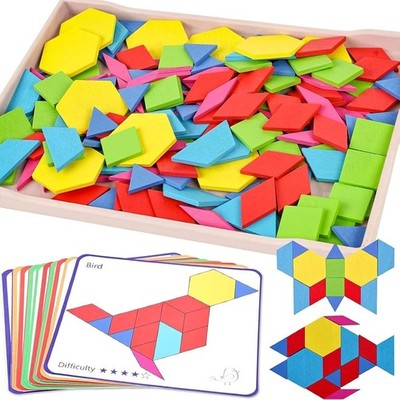 Wooden Geometric Shape Blocks 150Pcs Medium Size Wooden Tangram Puzzle Set