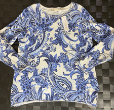 Soft Surroundings Marin Waffle Knit Pullover Sweater Blue/White Floral Large NEW