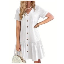 Women's Dress Summer Casual Button Down Short Sleeve With Ruffle Hem