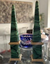 Rare pair VNTG MCM Maitland Smith Style Faux Malachite Enameled Brass Obelisk 