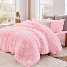 3-Piece Fluffy Duvet Cover Queen, Ultra Soft Faux Fur and Velvet Pink Comforter