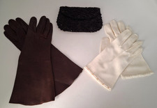 Vtg Lot-Woman's White Cotton Gloves-Brown Leather Long Gloves-Beaded Bag