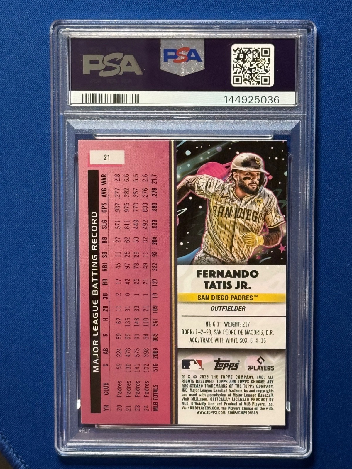 2025 Topps Cosmic Fernando Tatis #21 Aqua Equinox 004/199 PSA 9 view 2