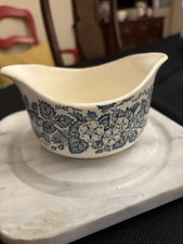 Blue Transferware Double Spout Gravy Boat Floral With Embossed Detail