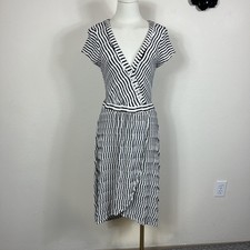 Maeve Anthropologie Dress Womens Small White Black Stripe Wrap Knit Midi Jersey