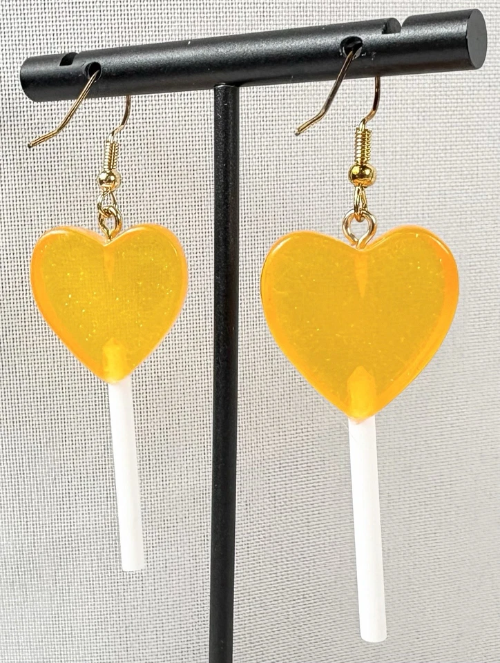 Naranja Brillo Corazón Piruleta Gancho Gota Colgante Pendientes Perforados Dulces Caramelo Foto 4 de 4