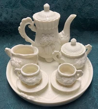 VTG Miniature Ivory Porcelain Bisque 10 Piece Tea Set w/ Roses Exquisite Detail