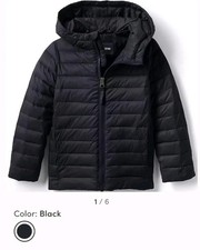 New Lands End Kids Black Puffer Jacket Packable Primaloft Coat Warm Hooded S 6-7