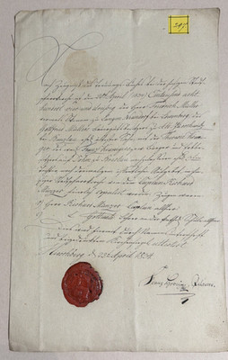 German Marriage Register April 20, 1834 Fredrich Muller Theresie Franz org. Seal