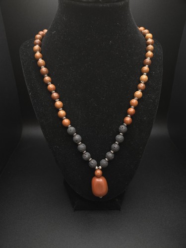Lava Rock Wood Stone Pendant Necklace