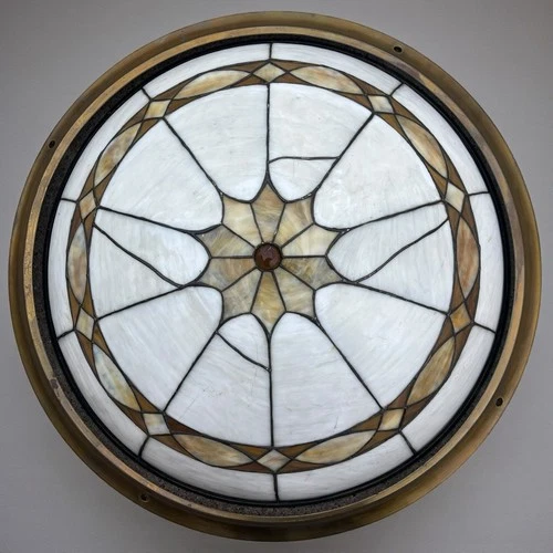 Antique Tiffany Leaded Slag Stained Glass Light Fixture Flush Dome Ceiling Mount