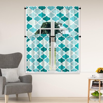 3pc Green Geometric Kitchen Curtains Set for Windows, Light Green Swag and Ti...