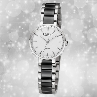 Armbanduhr Keramik silber schwarz Damen Uhr Analog Regent Metallarmband URF1467