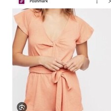 Free People Orange Linen Blend Tie Waist Flutter Sleeve Romper Womens S