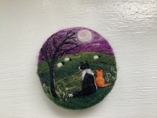 NEEDLE FELT BROOCH SHEEPDOG & GINGER CAT UNDERNEATH PURPLE SKY