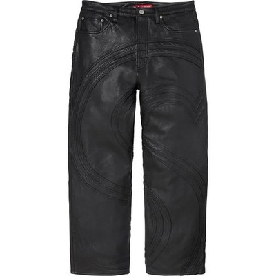 Supreme S Logo Leather Baggy 5-Pocket Embroidered Black Straight 