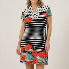 Tango Mango Shift Dress Size XL Short Sleeve Cowlneck Floral Stripe Slinky knit