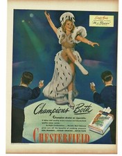 1945 Chesterfield Cigarettes Sonja Henie Ice Skater Vintage Print Ad
